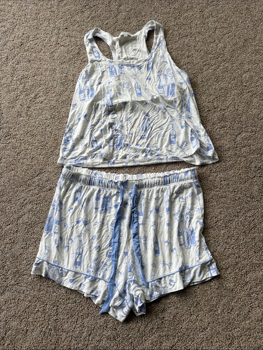 PJ Salvage Blue and White Bottle-Print Tank & Shorts Pajama Set built/bra NWOT
